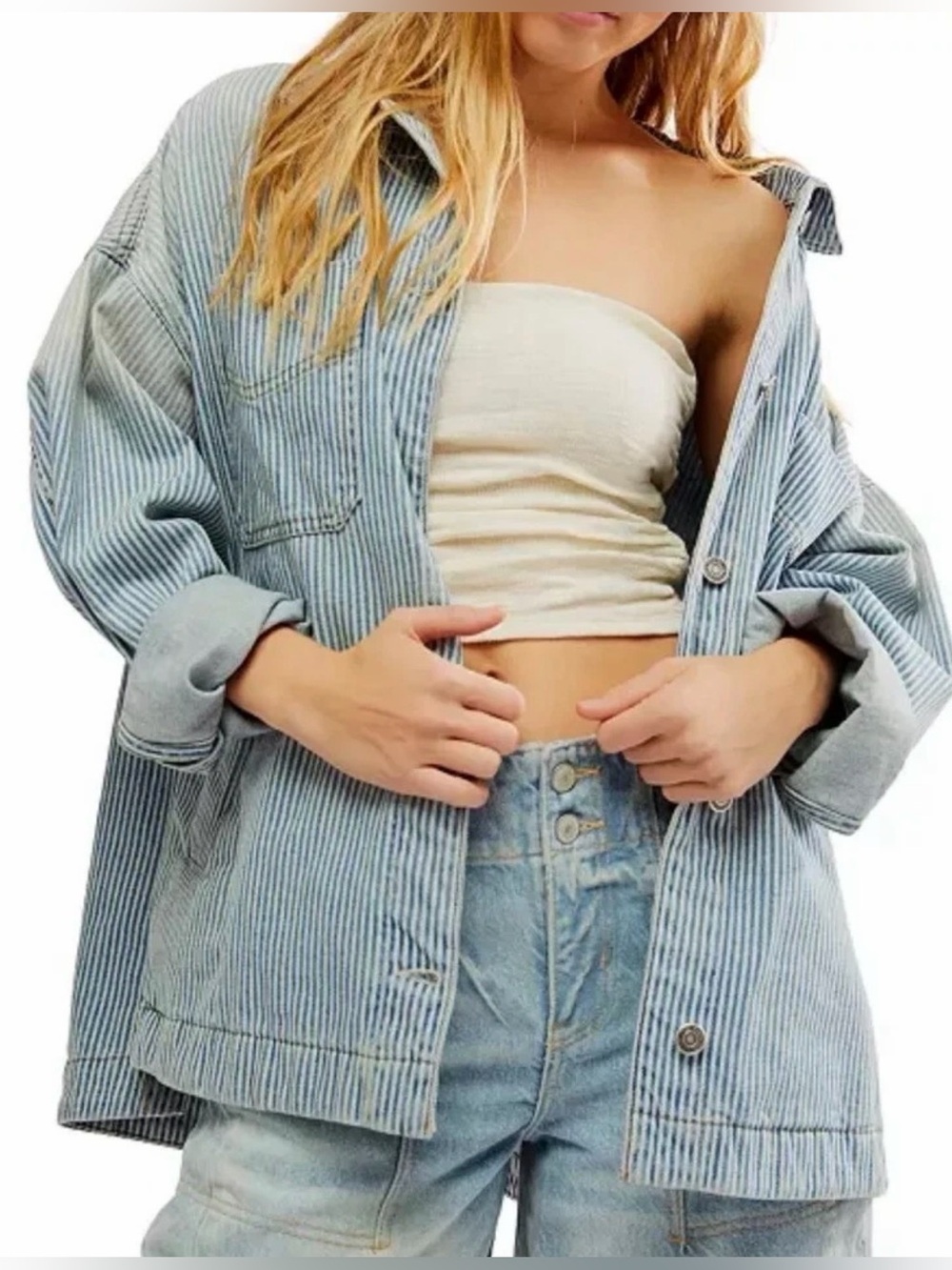 FREE PEOPLE We The Free Madison City Railroad Jacket Denim OVERSIZED Striped S